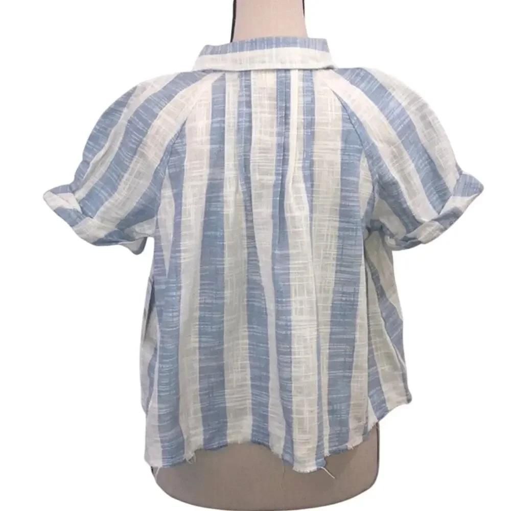 Free People Away at Sea Linen Blend Striped Blouse Top Size Small NEW